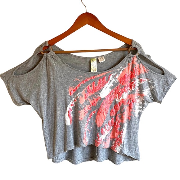Spoiled brand grey shirt with orange & white feathers w/ matching tank. Size L - Picture 4 of 13
